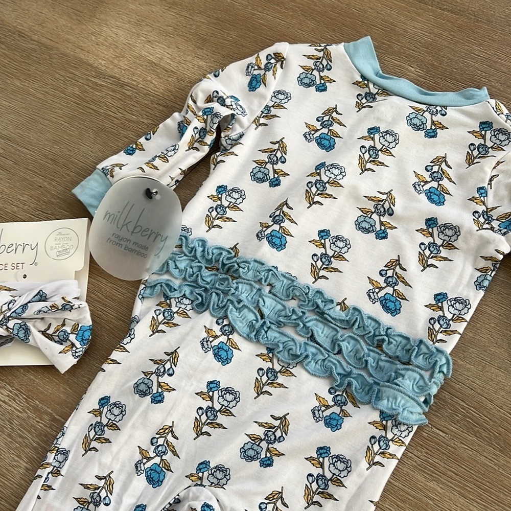 Milkberry Baby Girl Bamboo Footie Blue Floral Ruffle Headband 0-3 6-9 months - Picture 7 of 7